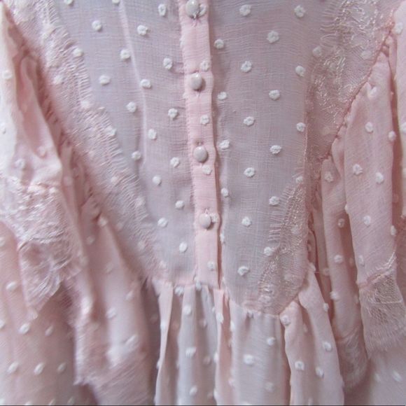 Swiss dot pink ruffle blouse with front buttons and lace detail - Picture 11 of 13